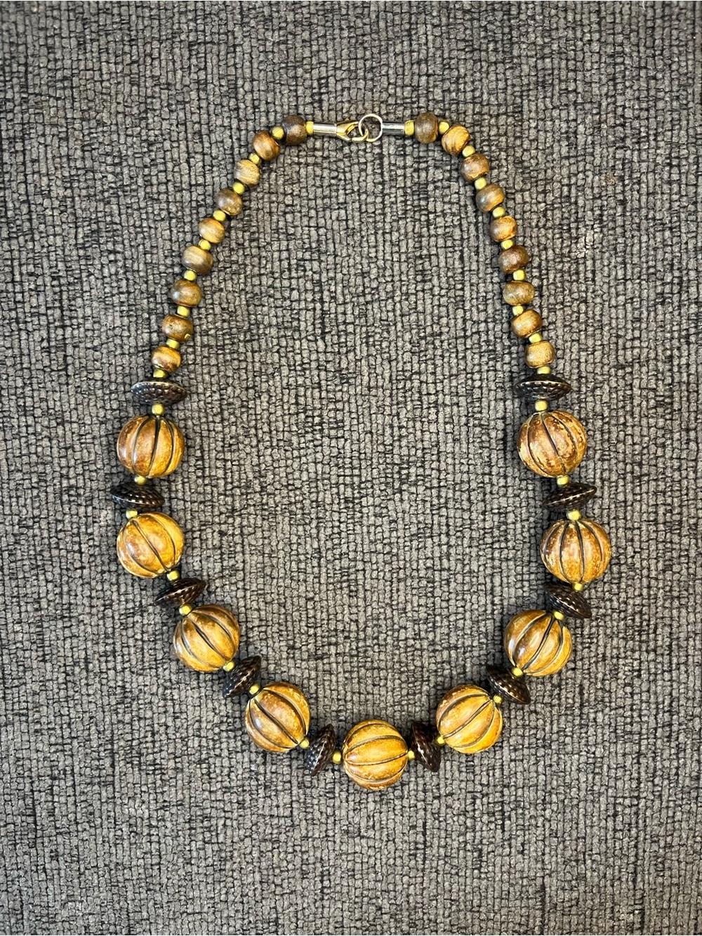 Vintage Chunky Wood Melon Bead Statement Necklace Boho Retro